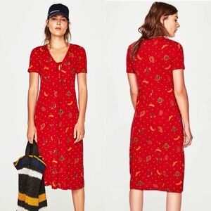 Zara Fruit Stand Red Polka Dot Midi Dress Sz S